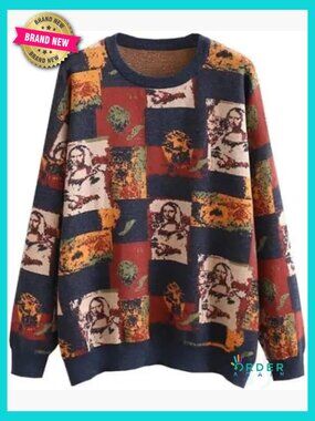 Long Sleeve Crew Neck Sweatshirt Knit Pullover Casual Cartoon Sweater Art Print